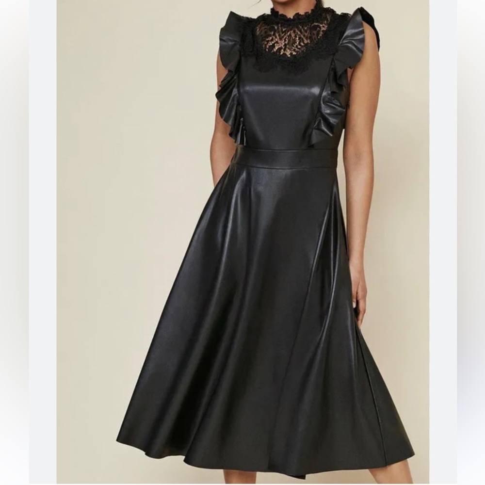 Zara Faux Leather Elegant Black Ruffle Sleeve Laced MIDI Dress Women’s Size XS